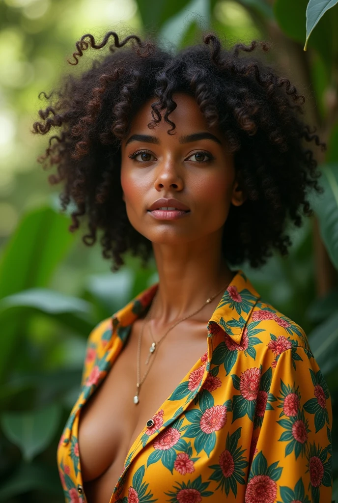 A Brazilian woman in a lush tropical garden, wearing an open shirt with a floral print, with a close-up capturing the harmonious beauty between her breasts and the natural flowers, showing off your natural charm and outgoing personality.