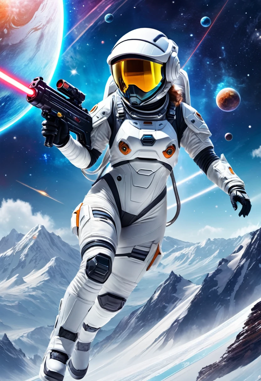 a woman in a spacesuit with a helmet and visor, holding a laser gun, flying over the surface of a snowy mountain planet, background features stars and galaxies, 