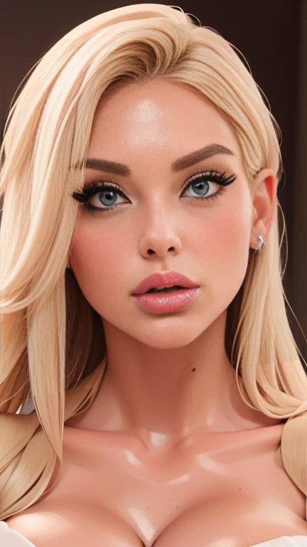 extremely gorgeous 19 yo woman, perfectly trained muscular body, very impressive bulky musculature, long blonde curly hair, graceful and feminine, very large full lips with silicon lip fillers, enormously large lips