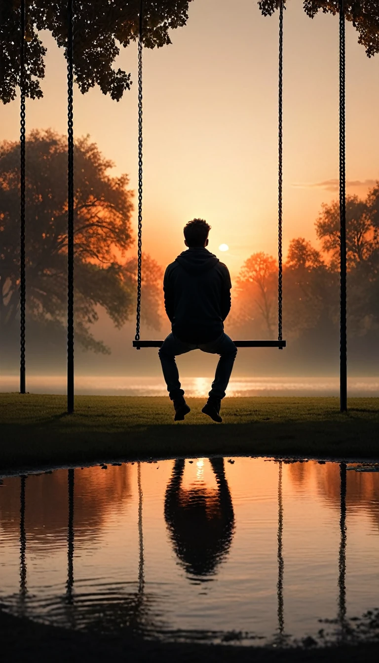 “A vast, open park with a lone man sitting on a swing. The silhouette of the man is framed against the backdrop of an orange-tinted sky at sunset, creating a nostalgic 8mm film-style image. The wide park is captured from a distant perspective, with the man gently swaying on the swing. The warm sunset hues and grainy film texture evoke a sense of solitude and quiet reflection.”