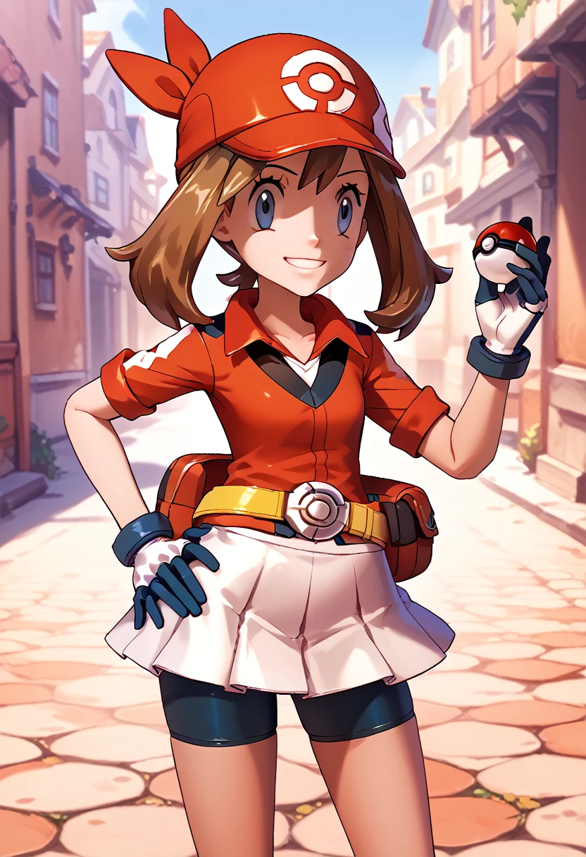 overwatch, 3d, cgi, may (pokemon), haruka, short brown hair, twintails, bike short, red too, white microskirt, yellow belt, gloves, headwear, smile, holding pokeball, standing, hand on hip