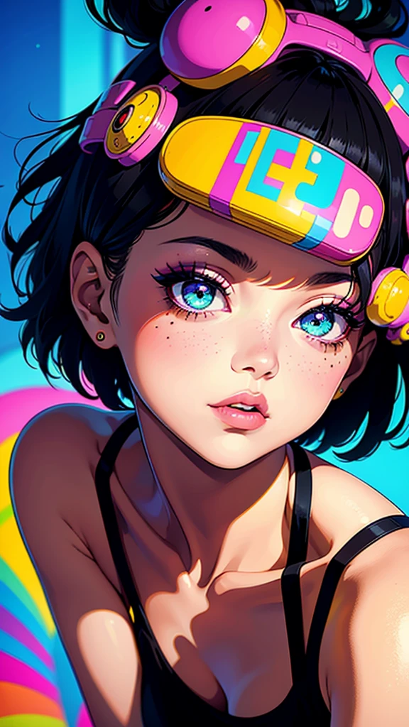 A cartoon girl with short black hair, wearing oversized clothes, a loose t-shirt with prints, very colorful, 90s cartoon style, detailed facial features, beautiful detailed eyes, beautiful detailed lips, extremely detailed eyes and face, long eyelashes, photorealistic, 8k, high quality, masterpiece, vivid colors, dynamic lighting, soft focus