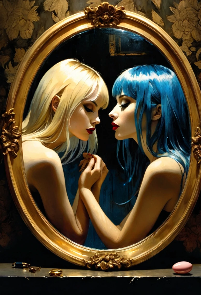rating_explicit, beautyful woman, gothic, mature woman, tattoos in whole body, slim body, slender body, long sidecut hair, lilac hair, long hair, black lipstick, looking to a cracked bathroom mirror, naked, sad, cyberpunk room, crying