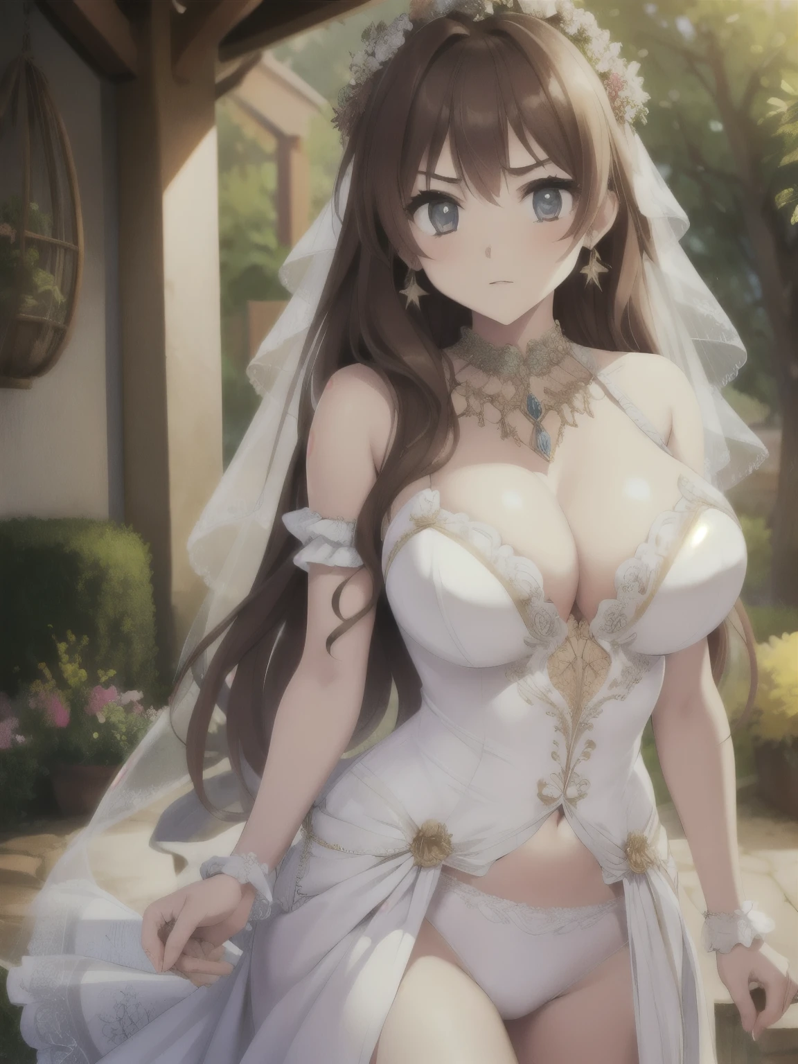 girl green eyes, brown hair, curly hair, (medium breast), masterpiece, best quality, high resolution, beautiful detailed eyes, extremely detailed face, good lighting, detailed CG, messy hair, garden, light, angry, wedding dress, jewelry, earring,(1uncle:grabbing breasts from behind),uncle wear tuxedo,(mature female:0.6)