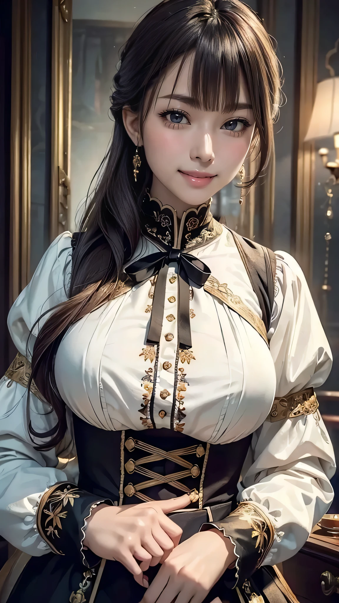 ((top quality)), ((masterpiece)), (detail), high resolution, perfect face, detailed eyes, fine eyes, cinematic lighting, 1 beautiful girl, Victorian blouse, Luxurious embroidery, medium breasts, stick out one's tongue