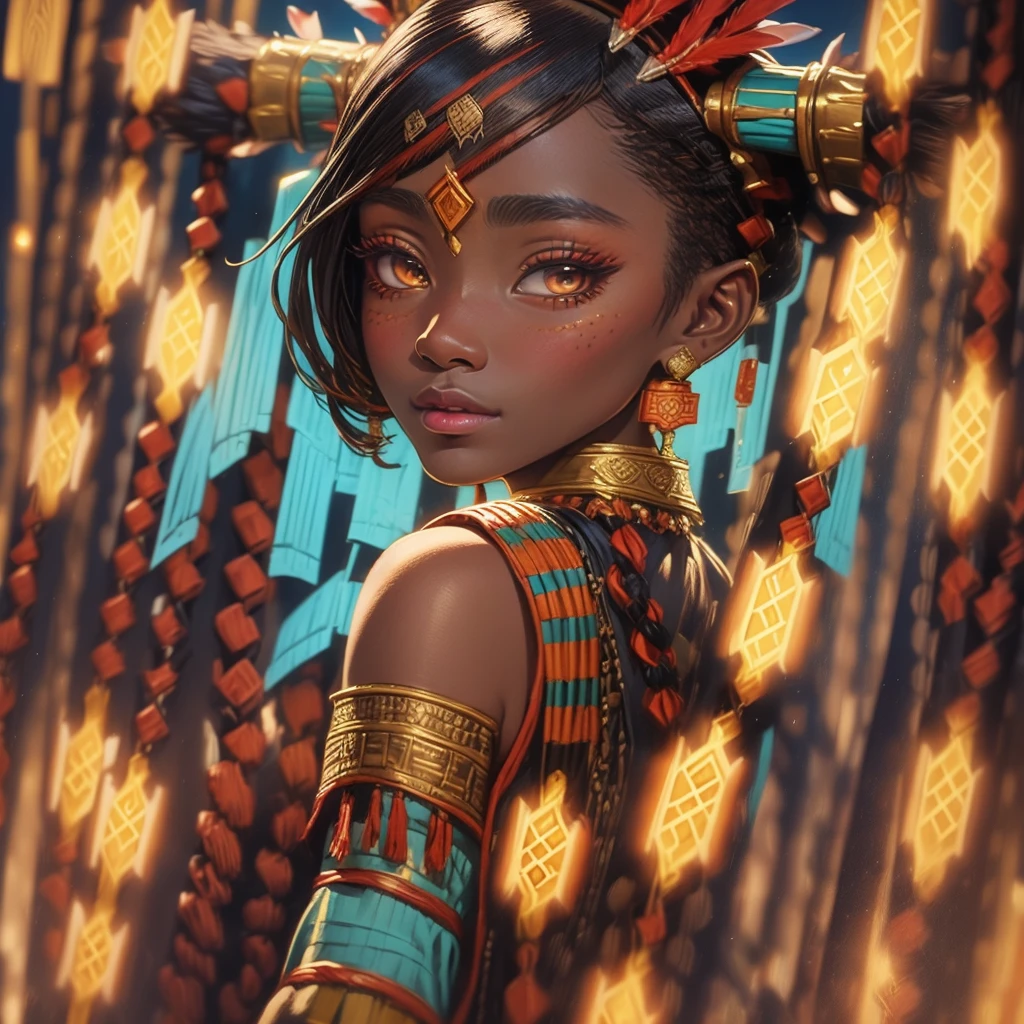 intricate detailed portrait of Xinyan, aztec girl, beautiful detailed eyes, beautiful detailed lips, extremely detailed face and features, long eyelashes, dark skin, turquoise jewelry, feathered headdress, golden details, intricate aztec patterns, warm lighting, cinematic, muted colors, masterpiece, best quality, 8k, highly detailed, photorealistic, concept art