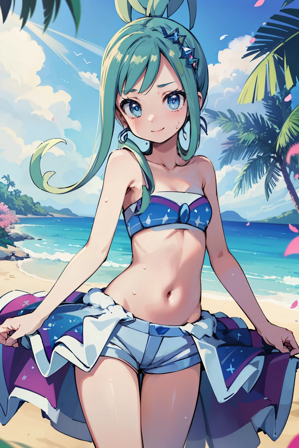 (masterpiece, Highest quality, 8K ultra-high resolution:1.4), Pokemon lisia, (tropical, Beachside, Flowers: 1.4), ((青いビキニ)), Written boundary depth, Focus of the film, From a dramatic angle, Emotional composition, Emotional engine full throttle BREAK Young and cute girl, Slender body, Flat Chest, smile, Expressions of affection, Highly detailed glossy skin,Sweat,  topless, Exposed breasts, Wet and shiny thighs, Perfect Pokemon lisia top break
, Wind, detailed in the Wind, petals dancing in the Wind
BREAK
ultra detailed crystal eyes, Eyes like shining jewels