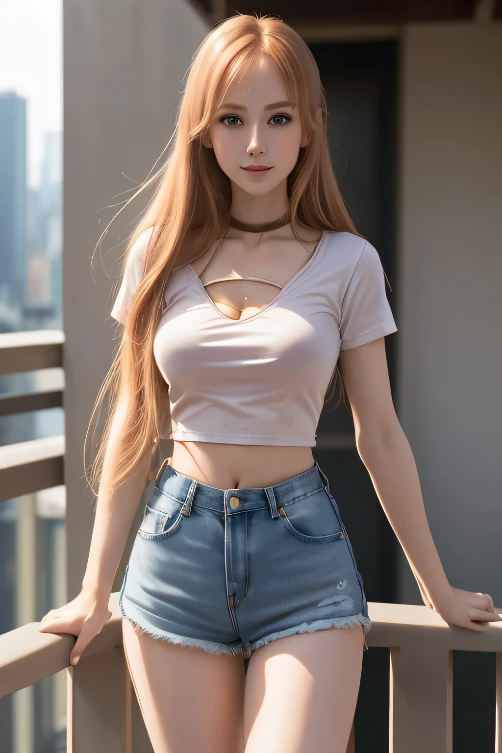 Sexy young girl, long hairstyle bright red hair, blue eyes, short denim shorts in bright blue, white off shoulder shirt, WHITE TENNIS, happy, big thighs, eyelashes,