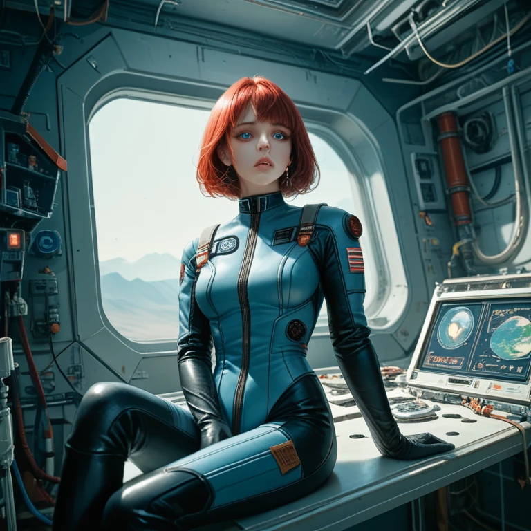 absurd resolution, high resolution, (masterpiece: 1.4), Hyper-granularity, ****ung woman, short red hair, pilot suit, rich princess, sitting in an extremely narrow and enclosed mech control room, looking out the window, window is space universe, you can see the blue planet (1.5), facial expression worried, the mech control room is in the universe