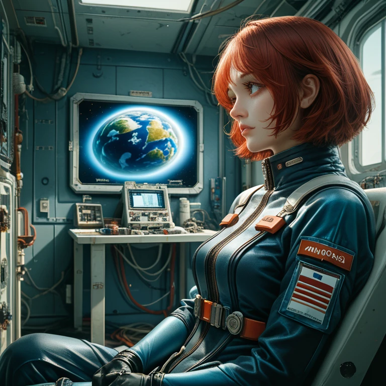 absurd resolution, high resolution, (masterpiece: 1.4), Hyper-granularity, ****ung woman, short red hair, pilot suit, rich princess, sitting in an extremely narrow and enclosed mech control room, looking out the window, window is space universe, you can see the blue planet (1.5), facial expression worried, the mech control room is in the universe