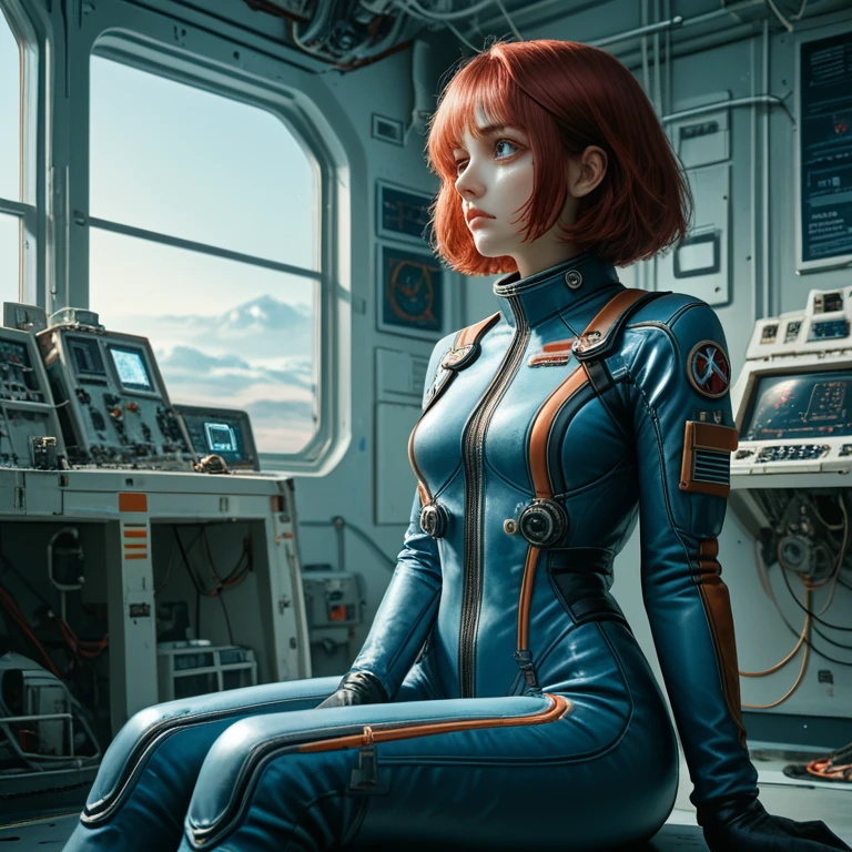 absurd resolution, high resolution, (masterpiece: 1.4), Hyper-granularity, ****ung woman, short red hair, pilot suit, rich princess, sitting in an extremely narrow and enclosed mech control room, looking out the window, window is space universe, you can see the blue planet (1.5), facial expression worried, the mech control room is in the universe