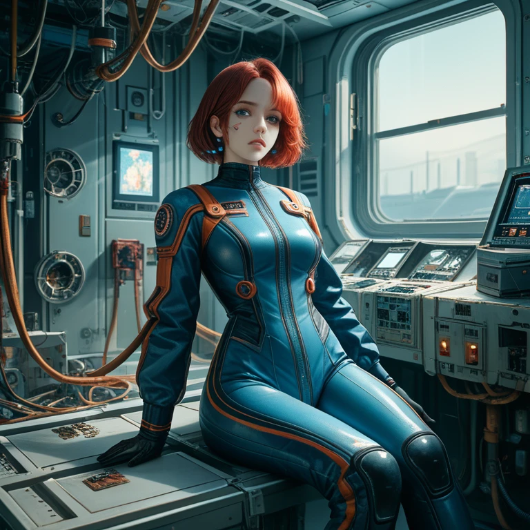 absurd resolution, high resolution, (masterpiece: 1.4), Hyper-granularity, ****ung woman, short red hair, pilot suit, rich princess, sitting in an extremely narrow and enclosed mech control room, looking out the window, window is space universe, you can see the blue planet (1.5), facial expression worried, the mech control room is in the universe