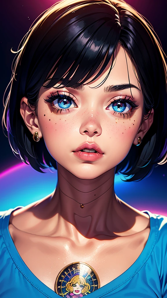 beautiful detailed girl with short black hair, oversized clothes, printed t-shirt, 90s cartoon poster, 90s cartoon magazine cover, vibrant colors, (best quality,4k,8k,highres,masterpiece:1.2), ultra-detailed, , detailed facial features, realistic skin, beautiful eyes, volumetric lighting, dramatic lighting, intricate details, dynamic composition, vivid colors, studio lighting