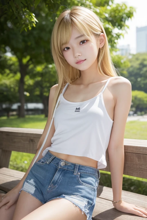 Cute Japan junior high school student、、Body Fit SleevelessＶNeck White T-shirt、Naughty blonde、Tanned dark skin、Untanned marks