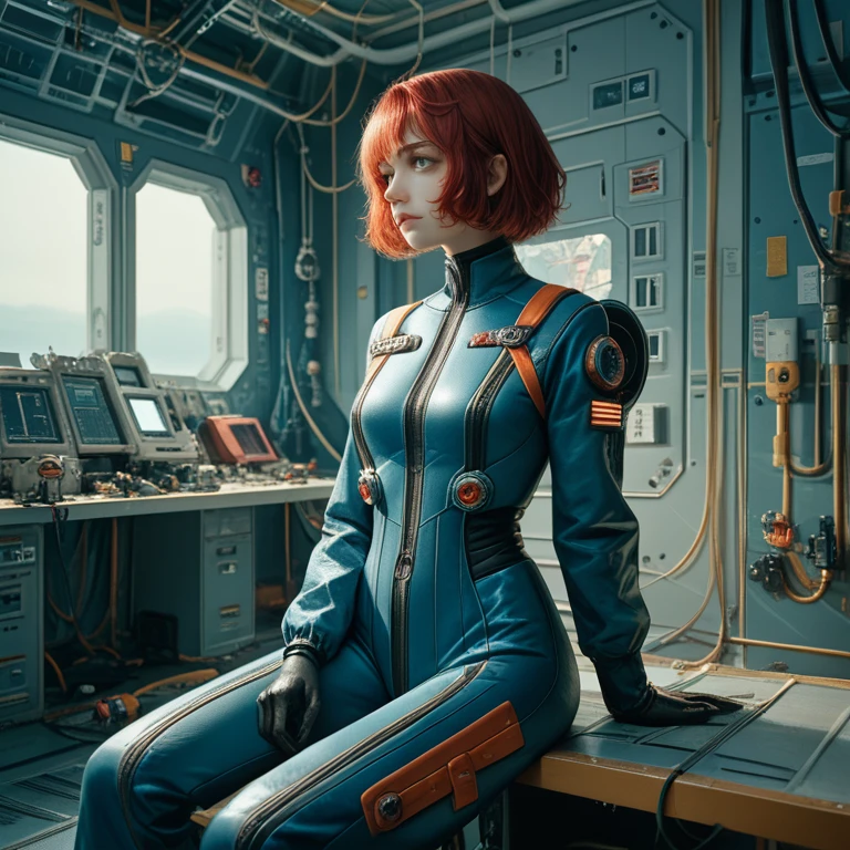 absurd resolution, high resolution, (masterpiece: 1.4), Hyper-granularity, ****ung woman, short red hair, pilot suit, rich princess, sitting in an extremely narrow and enclosed mech control room, looking out the window, window is space universe, you can see the blue planet (1.5), facial expression worried, the mech control room is in the universe