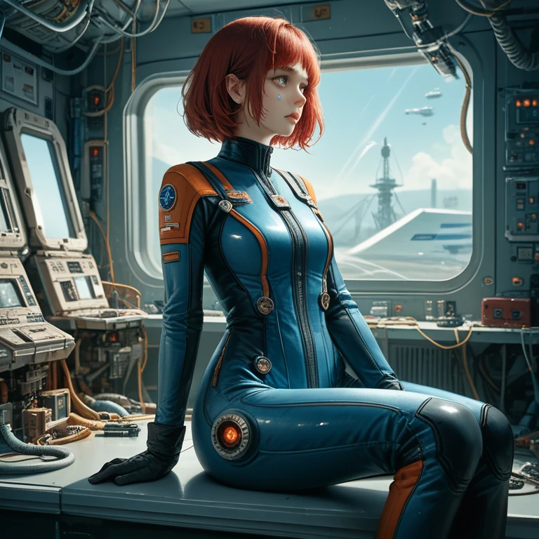 absurd resolution, high resolution, (masterpiece: 1.4), Hyper-granularity, ****ung woman, short red hair, pilot suit, rich princess, sitting in an extremely narrow and enclosed mech control room, looking out the window, window is space universe, you can see the blue planet (1.5), facial expression worried, the mech control room is in the universe