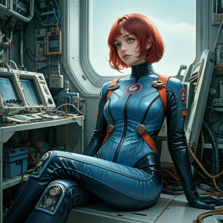 absurd resolution, high resolution, (masterpiece: 1.4), Hyper-granularity, ****ung woman, short red hair, pilot suit, rich princess, sitting in an extremely narrow and enclosed mech control room, looking out the window, window is space universe, you can see the blue planet (1.5), facial expression worried, the mech control room is in the universe