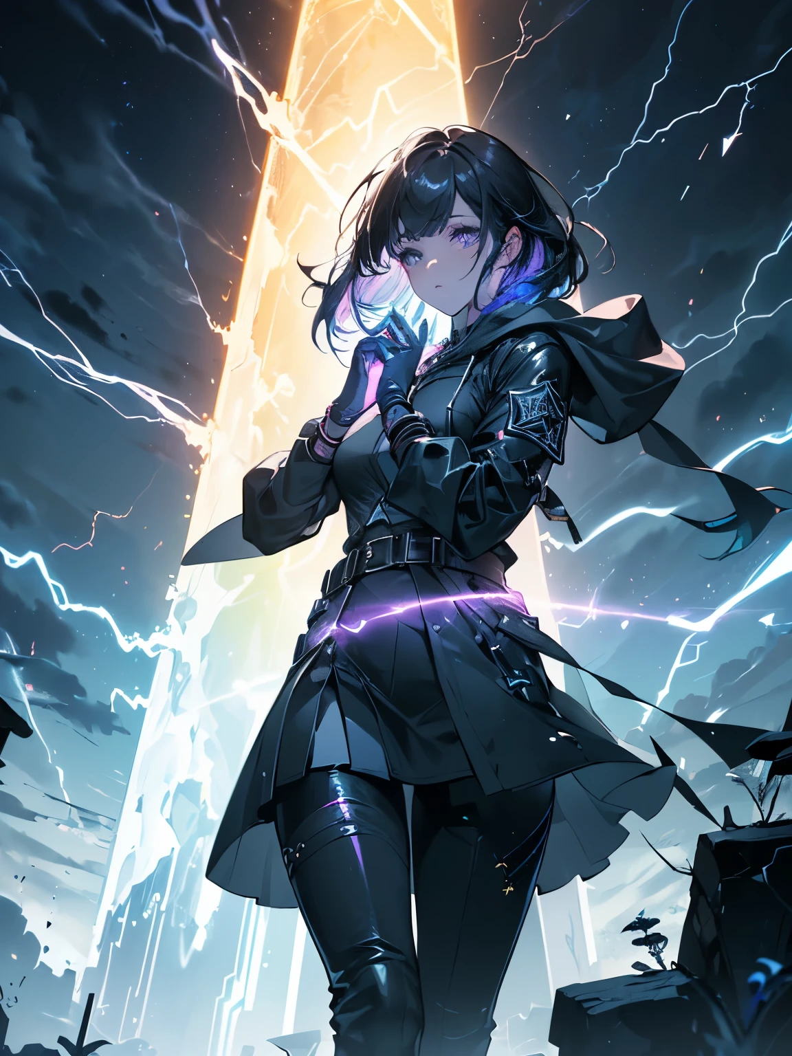 a girl with tight pants, high boots with laces, a jacket with a hood to the back, (((the girl is invoking electricity with her hands, where a lightning bolts comes out with runes and rays))), girl in profile, in a magical and comical scenery with spiral flowers and many colors, {extremely detailed 16k CG unit wallpaper}, expansive landscape photography, (a view from below focusing on the scenery), (wide view of open field), (photo low angle), (high light: 1.2), (low light: 1.4), (warm light source: 1.2), complex details, (iridescent colors: 1.5), (bright lighting), (atmospheric lighting), Dreamy, single