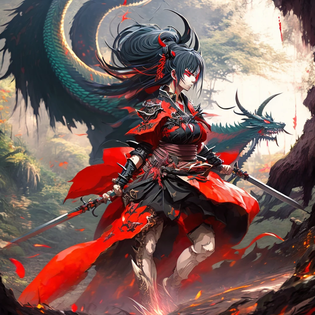 photo, Action shot, Fighting Pose, (oni demon in background), (dragon in background), (female YokaiHunter:1), (deep forested background), (cleavage) 