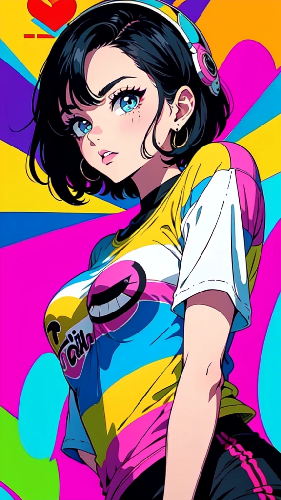 a cartoon girl with short black hair, oversized clothes, loose t-shirt with prints, very colorful, 90s cartoon style, detailed facial features, beautiful detailed eyes, beautiful detailed lips, extremely detailed eyes and face, long eyelashes, photorealistic, 8k, high quality, masterpiece, vivid colors, dynamic lighting, soft focus, capa de cartoon anos 90, cartaz cartoon anos 90, poster cartoon anos 90