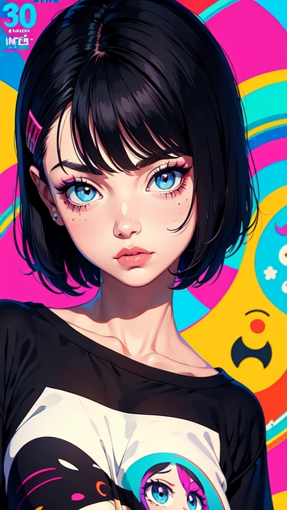 a cartoon girl with short black hair, oversized clothes, loose t-shirt with prints, very colorful, 90s cartoon style, detailed facial features, beautiful detailed eyes, beautiful detailed lips, extremely detailed eyes and face, long eyelashes, photorealistic, 8k, high quality, masterpiece, vivid colors, dynamic lighting, soft focus, capa de cartoon anos 90, cartaz cartoon anos 90, poster cartoon anos 90