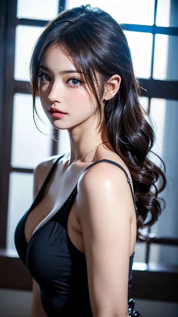 ((Beautiful Face:1.2)),((realistic:1.4)),Hot and beautiful posing model, Curly black hair, Dark blue eyes, Fitness Body --ar 16:9 -,((フィットネスウェア:1.4))