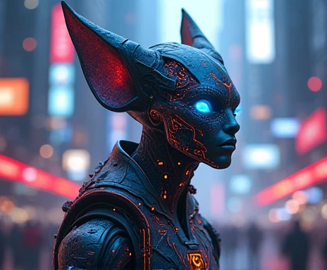 (medium full shot) of (captivating hybrid creature) with bioluminescent red skin, exoskeleton plates, elongated fingers, extra eyes on the forehead, ethereal wings, bioluminescent hair, insectoid antennae, in set in  a futuristic alien city, with towering skyscrapers, neon lights, advanced technology, bustling alien inhabitants, ,Masterpiece,best quality, raw photo, realistic, very aesthetic