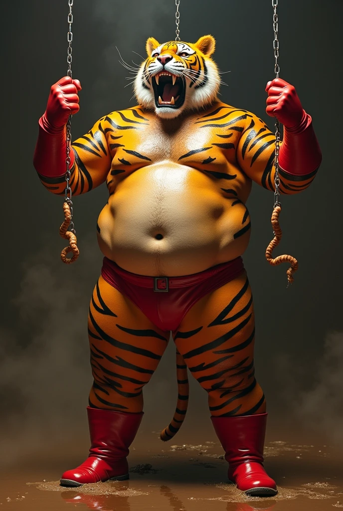 Tiger Mask　Superhero　Shiny skin　sweat　body odor　Big, fat and very muscular　　Metabolic syndrome　A large number of earthworms are attached to the body　White mucus from nipples　Raising both hands　Hanging from the ceiling by chains attached to his wrists　A painful expression looking up　Big crotch　Small head　Thick chest　Plain red gloves　Shiny rubber red boots　A large amount of thin yellow smoke coming out of his thighs.　Mouth wide open　Thick calves　Thick thighs　Red latex pants　Sticky brown mud all over the body　Character profile, look up, Wide-angle shot, perspective, Landscape view, Large Breasts, Nipple piercing　saliva, Drooling, Angry, Heavy breathing, saliva糸引き, pain, Anatomically correct　Lion&#39;s head