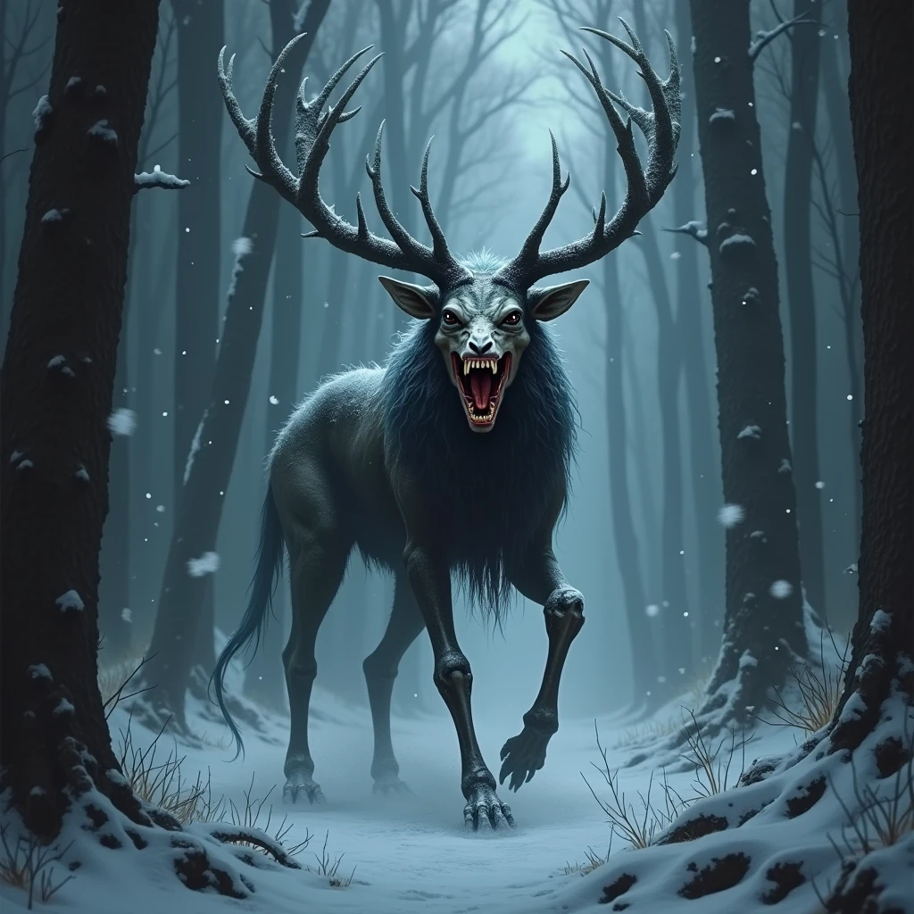 (Anime sharp lines, crisp lineart), Horror masterpiece, best quality, (action shot, movement blur), combat, (focus on terrifying large wendigo roaring, visible in the distance antlers large size difference), fantasy, people fighting it, dark winter night, forest deep dark woods, massive ancient trees, battle, scenery, mountain, outdoors, multiple people, injured people on the ground, (blood splatter flying through the air), trail of carnage, (indirect) moonlight,