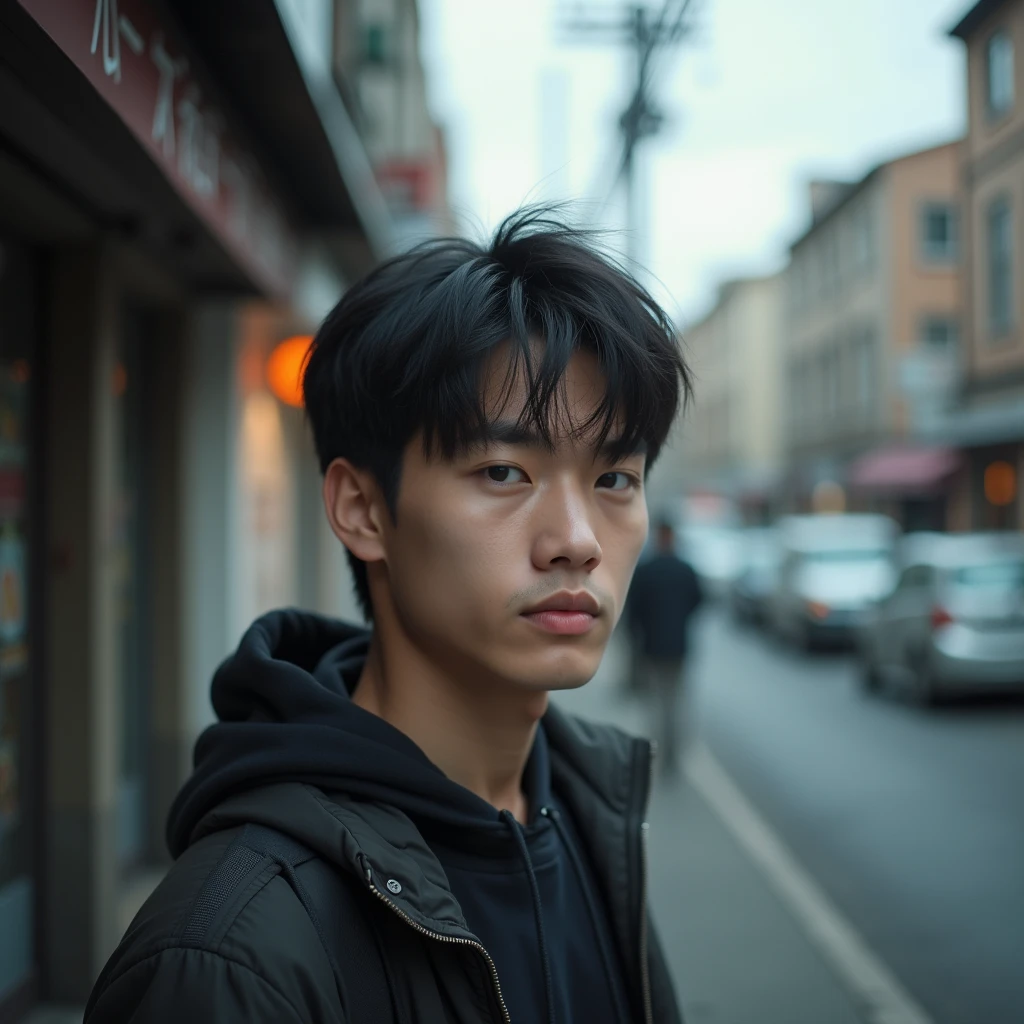 RAW photo, a portrait photo of 25 y.o man in casual clothes, night, city street, (high detailed skin:1.2), 8k uhd, dslr, soft lighting, high quality, film grain, Fujifilm XT3