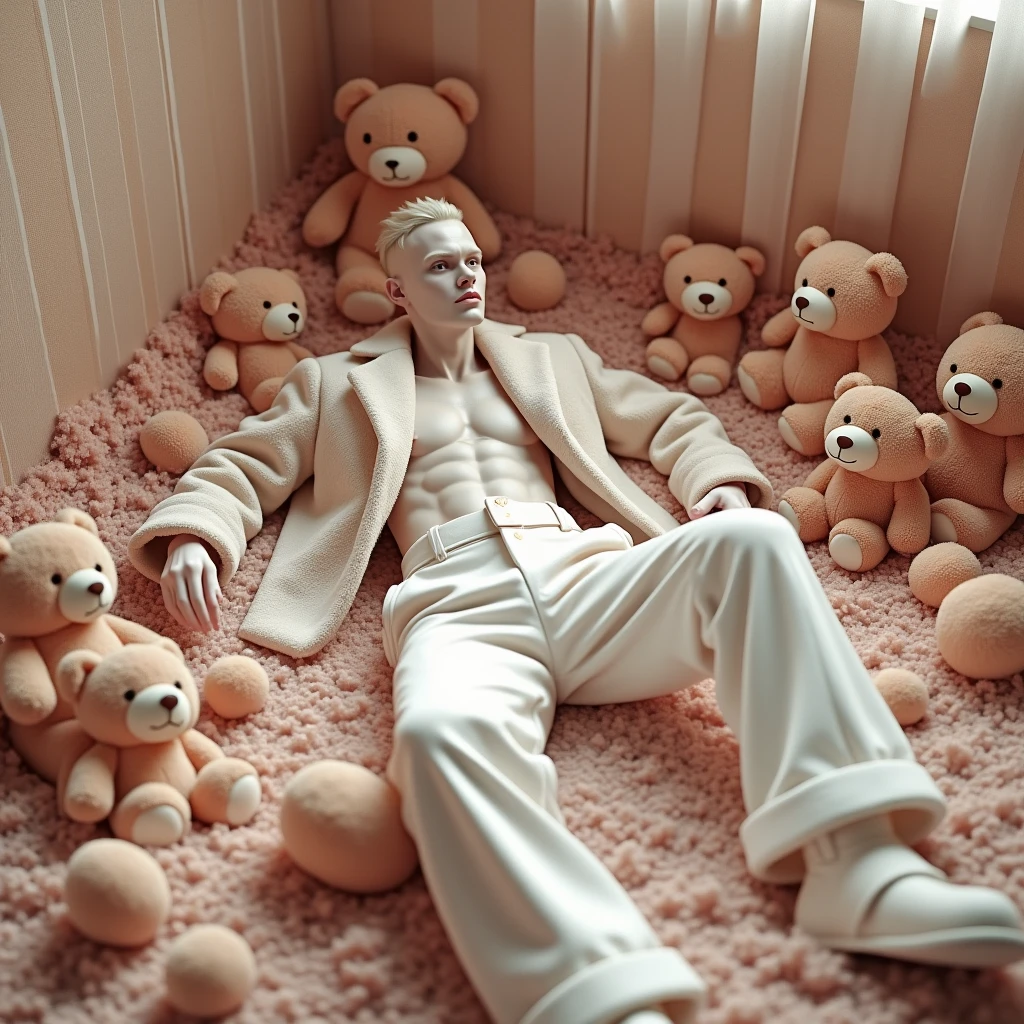 A pale young man depressed and vomiting white bunnies in a luxurious apartment

