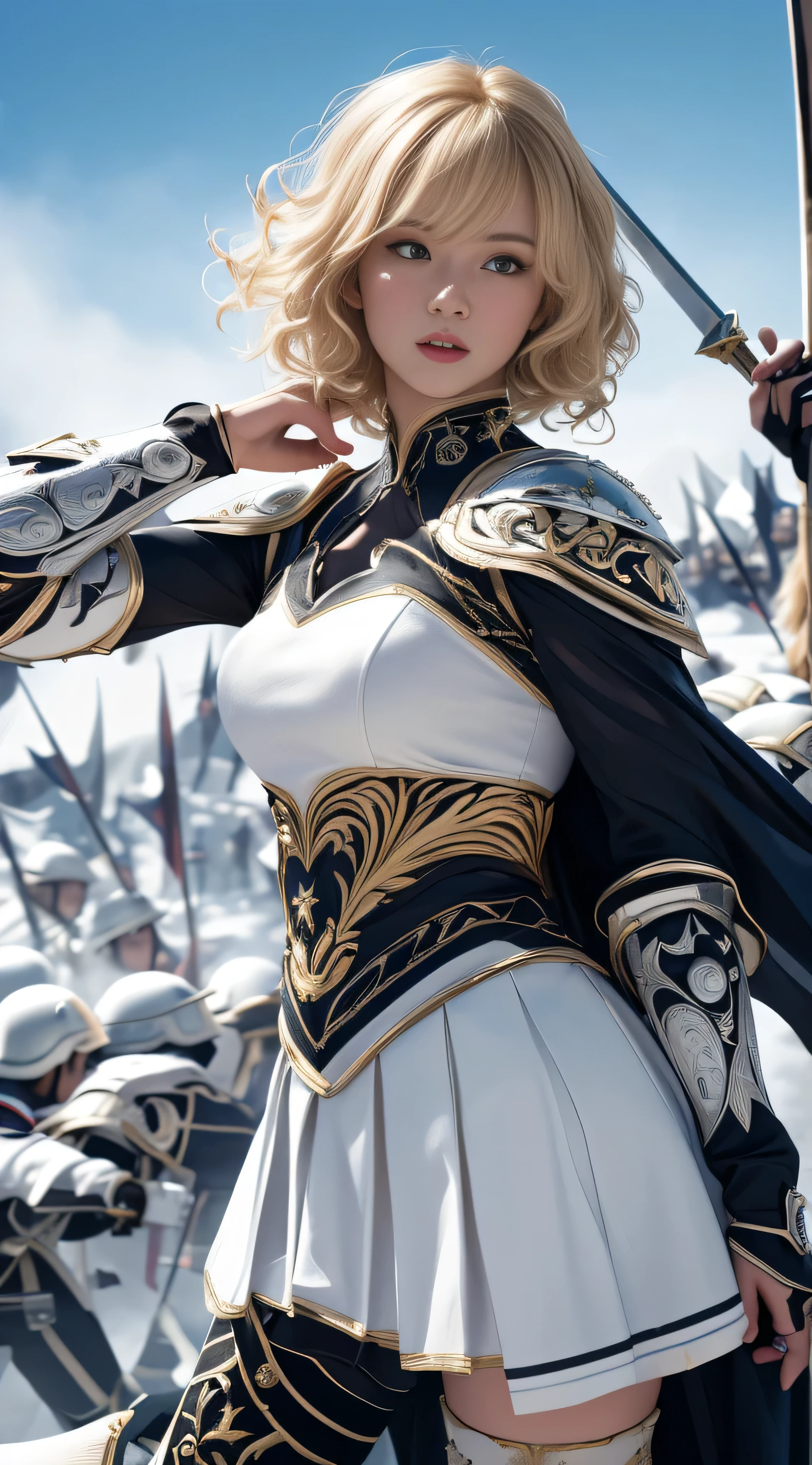 Very beautiful woman、Slender women、(Detailed face)、Realistic Skin、((holy knight)), ((Pearl White Armor))、((((Black armor with very fine and intricate decoration:1.1))))、((Delicate photo)),(Girl Astepeace RAW Photo Details:1.25), (highest quality:1.6), (超A high resolution:1.5), (Realistic:1.75), 8K resolution, Canon EOS R5, 50mm, Absurd, Ultra-detailed,Cinema Lighting,((battlefield))、((battle))、(((White skirt with embellishments)))、Thigh-high socks、Shin Guards、((Blonde))、((Curly Hair))、((Drill Hair))、((Wavy short hair with bangs,))、Get six-pack、Cape、Beautiful Armor、(((Has a huge weapon)))、(In combat)、The wind is blowing、((Symmetrical Armor))、((((Blizzard))))、(((Leading a large group of knights:1.2)))、Banner、(((Battle Scene)))、((nsfw:1.2))、(((I can see her panties:1.4)))、、((windy SkirtLift))