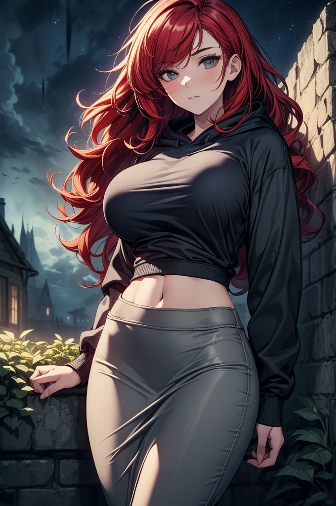 Sexy,Superheroine, Red hair, long hair, busty, ((dark blue short skirt, black blouse with a leather jacket)), thighhigh socks, shoes