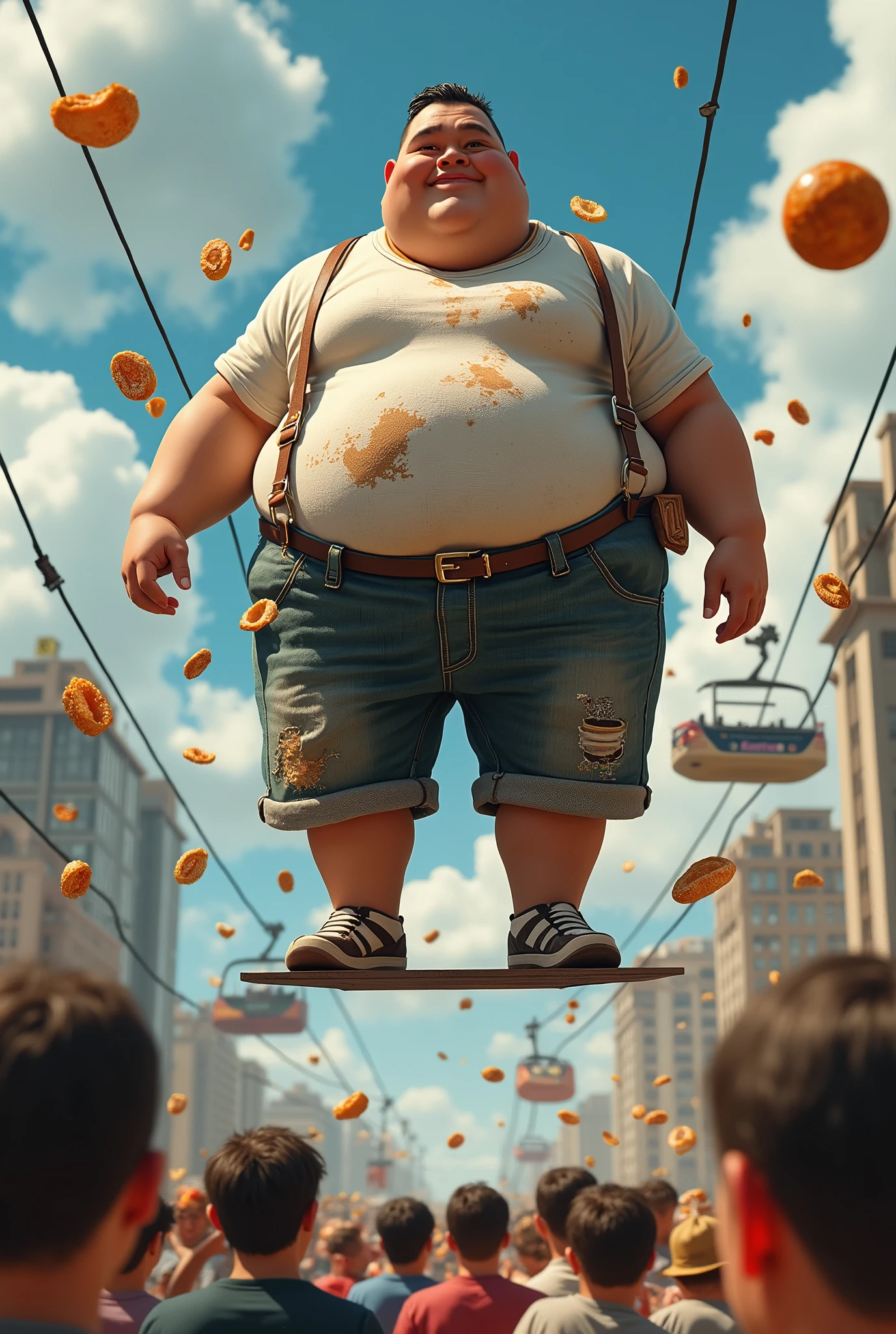 Create an image of a super mega fat guy falling from a building while eating potatoes with a cow with the name of "Edward" 