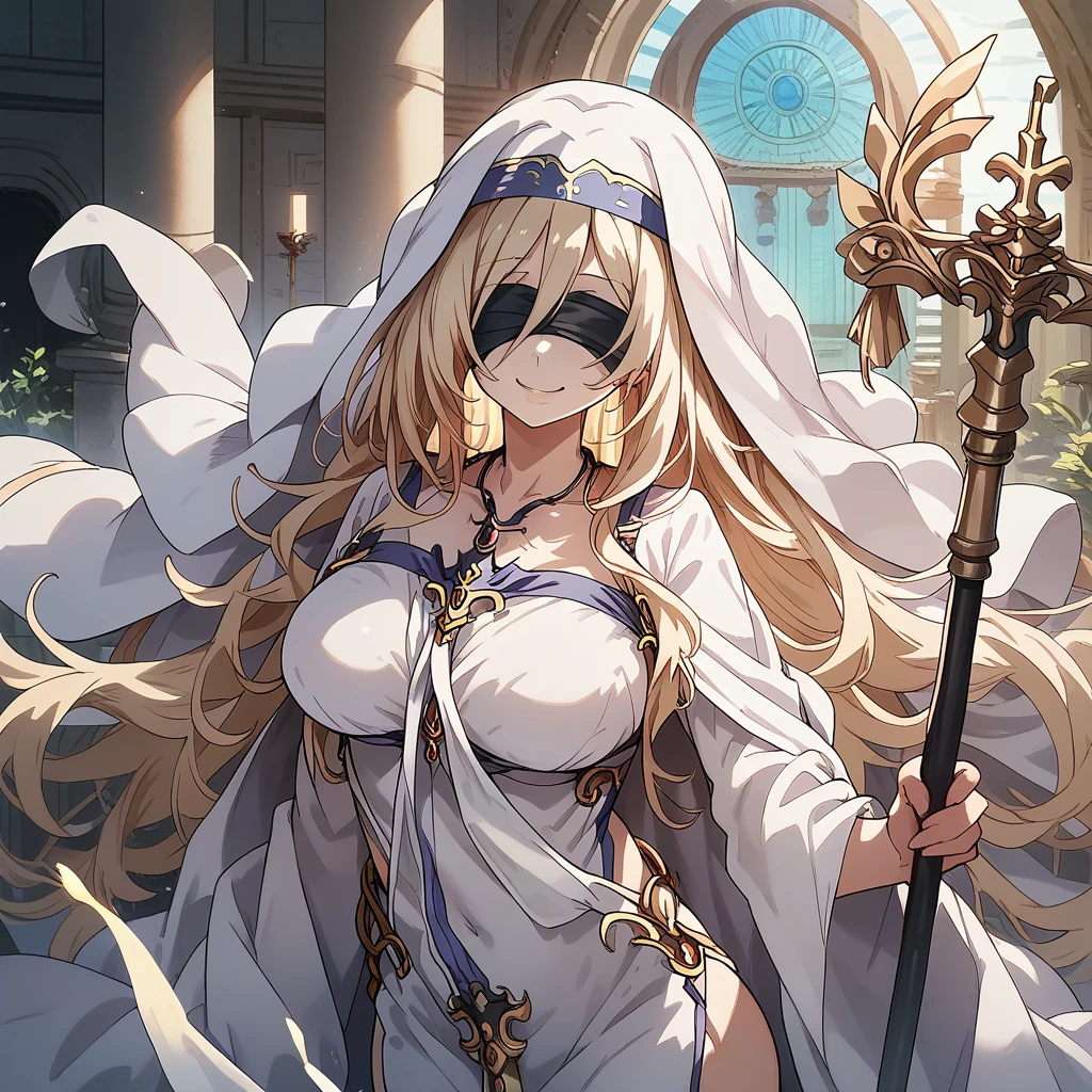 score_9, score_8_up, score_7_up, score_6_up, score_5_up, score_4_up, 1female,ysk, milf, sword maiden \(goblin slayer!\), goblin slayer!, blonde hair, very long hair, white dress, wimple, black blindfold, white long cape, staff, holding staff, necklace、Inside the Temple、Smile break masterpiece、Beautiful attention to detail:1.2, Perfect lighting, (perfect hand, perfect anatomy), Precise depiction、Vibrant colors