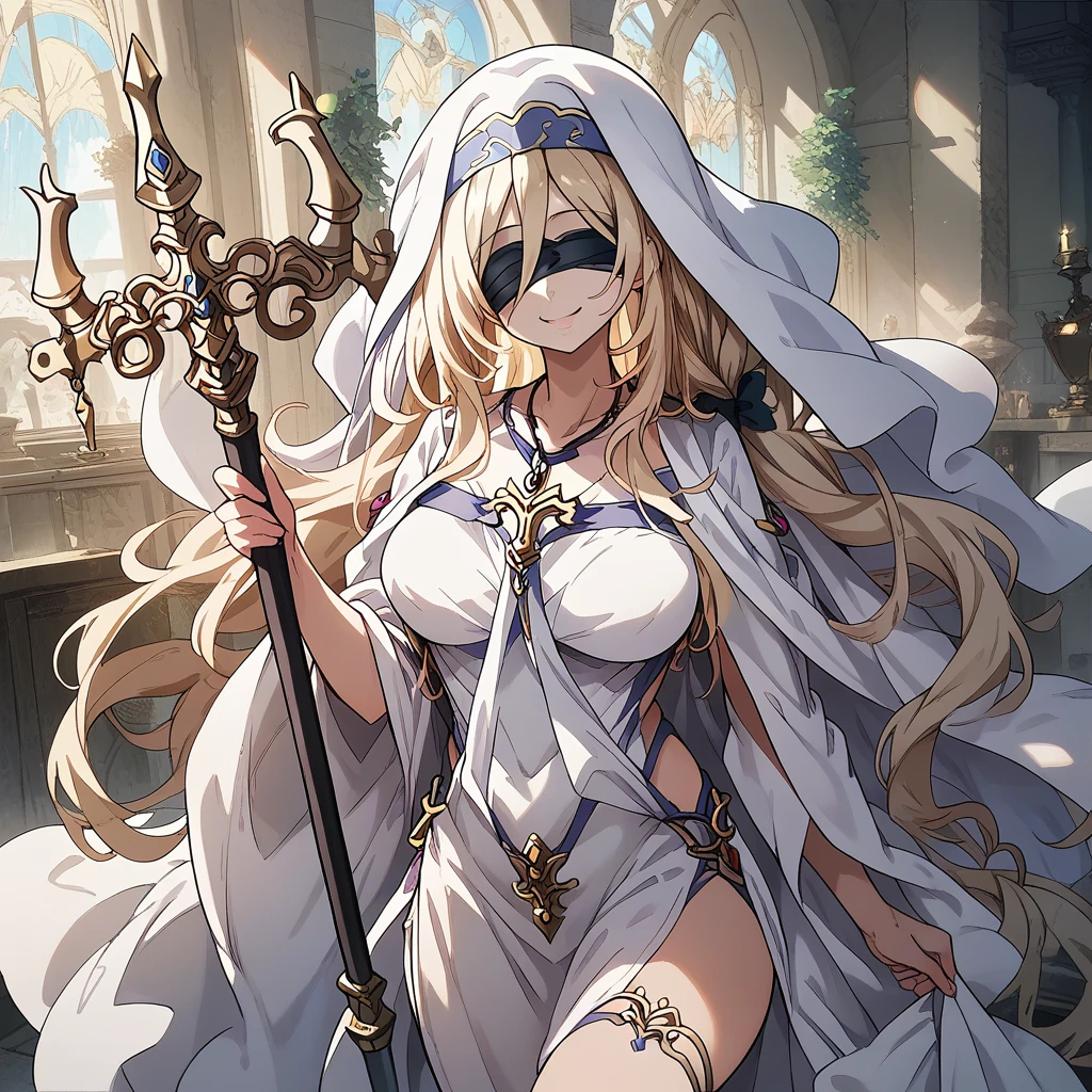 score_9, score_8_up, score_7_up, score_6_up, score_5_up, score_4_up, 1female,ysk, milf, sword maiden \(goblin slayer!\), goblin slayer!, blonde hair, very long hair, white dress, wimple, black blindfold, white long cape, staff, holding staff, necklace、Inside the Temple、Smile break masterpiece、Beautiful attention to detail:1.2, Perfect lighting, (perfect hand, perfect anatomy), Precise depiction、Vibrant colors