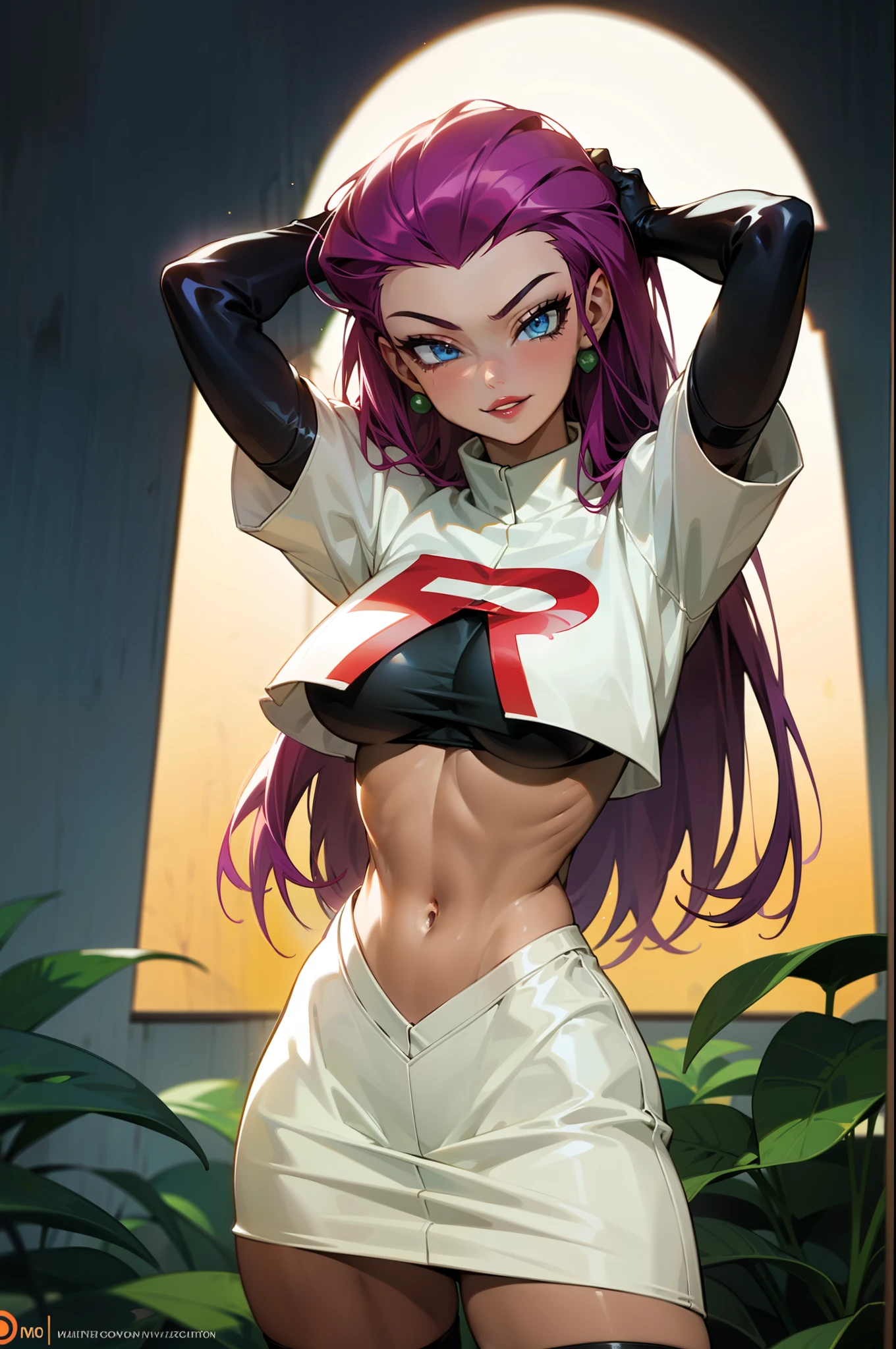 (Masterpiece), Best Quality, ultra-detailed, 1girl (jessie pokemon, Big and pretty breasts, naked body, dark skin, purple hair, hair slicked back, long hair,blue eyes, half-closed eyes), evil face,head tilt, facing viewer, looking at viewer,  smirk, parted lips, mascara, full makeup, black eyeshadow, red lipstick, solo,team rocket uniform, white skirt, crop top, thighhighs, elbow gloves, underboob, in the forest, night time,  standing, arms up, hands on head, sexy waist teasing, a provocative pose , from_below 