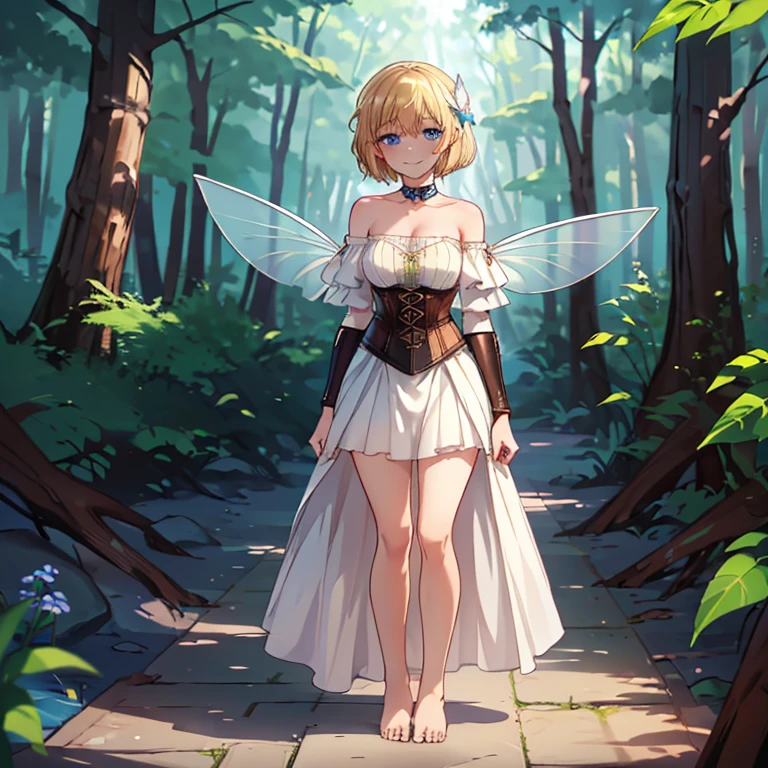 ((Masterpiece, superlative, best quality)) (1 girl, smiling, fantasy, full body, (1 girl, 5'3", small, 125 pounds, 23-years-old, simple short white dress, off the shoulder, wench dress, dark green corset, barefoot, leather arm guards, long light brownish-blonde hair, small fairy wings on her back, blue eyes, on a path in a forest