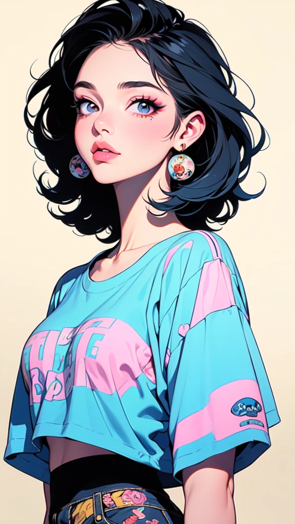 a cartoon girl with short black hair, oversized clothes, loose t-shirt with prints, very colorful, 90s cartoon style, detailed facial features, beautiful detailed eyes, beautiful detailed lips, extremely detailed eyes and face, long eyelashes, photorealistic, 8k, high quality, masterpiece, vivid colors, dynamic lighting, soft focus, capa de cartoon anos 90, cartaz cartoon anos 90, poster cartoon anos 90