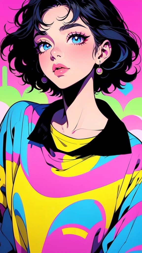 masterpiece,An illustration,A woman wearing a pop T-shirt,Japanese,psychedelic,Neon Art,Layered textures,Vector art,(The T-shirt has a picture that resembles breasts printed on it.:2.0,nsfw:2.0),(Big Breasts:2.0),(sexy:2.0),(The background is a pop logo:2.0)