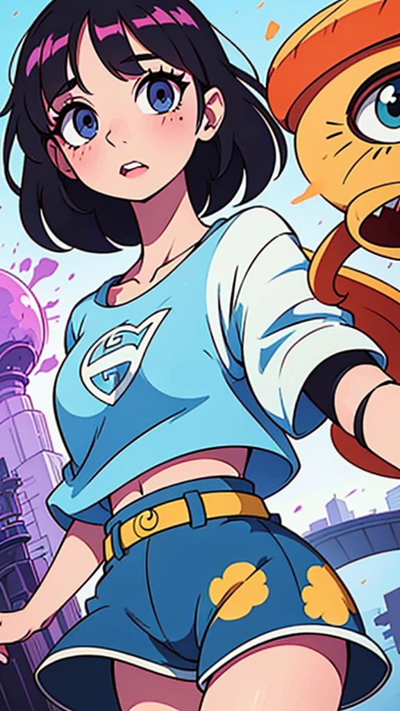 a cartoon girl with short black hair, oversized clothes, loose t-shirt with prints, very colorful, 90s cartoon style, detailed facial features, beautiful detailed eyes, beautiful detailed lips, extremely detailed eyes and face, long eyelashes, photorealistic, 8k, high quality, masterpiece, vivid colors, dynamic lighting, soft focus, capa de cartoon anos 90, cartaz cartoon anos 90, poster cartoon anos 90