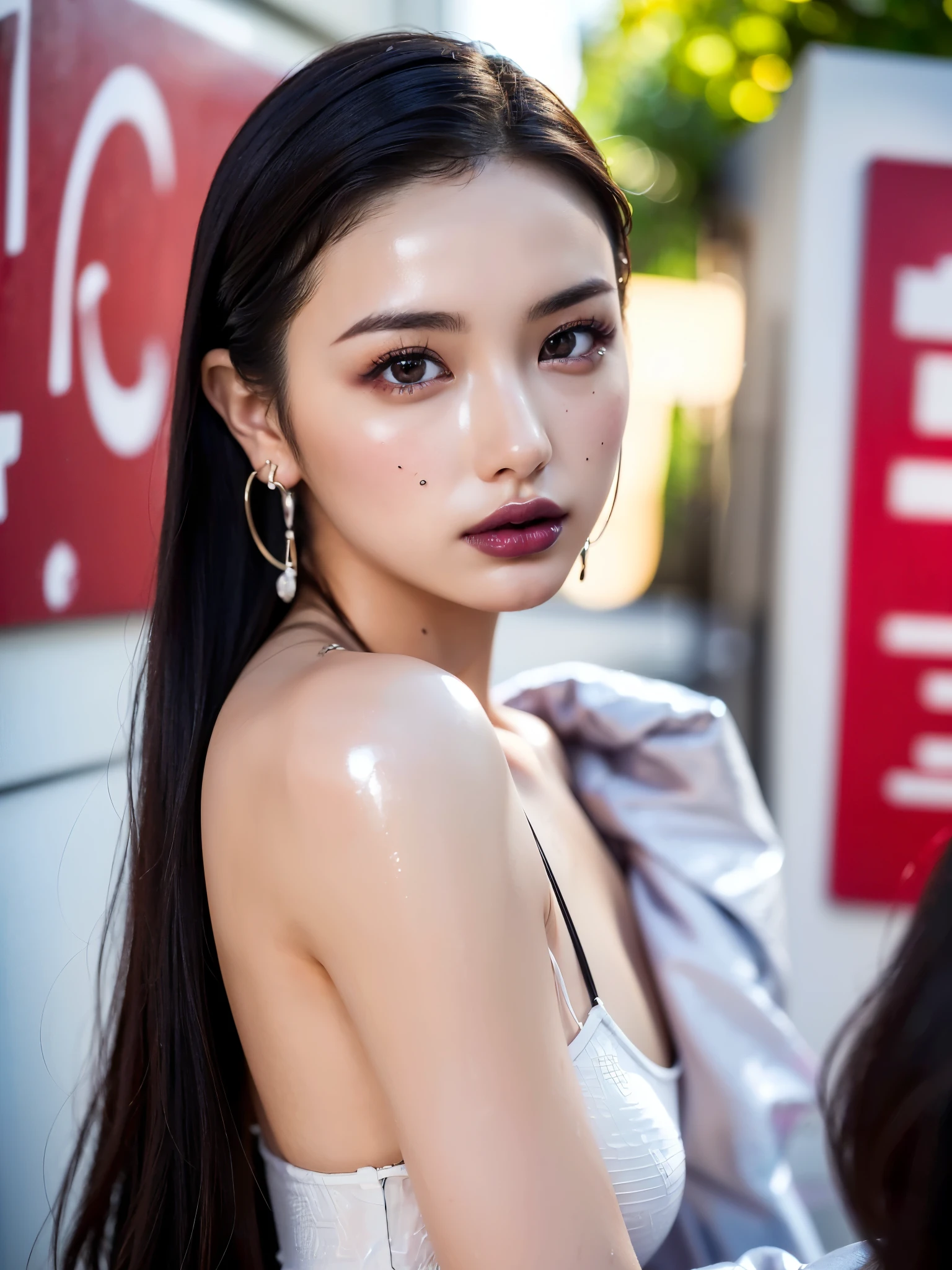 (UHigh resolution, retina, masterpiece, Accurate, Anatomically correct, Textured skin, Super Detail, Attention to detail, high quality, 最high quality, High resolution, 1080P, High resolution, 4K, 8k, 16k), (美しいAttention to detail目, Beautiful lip detail, Highly detailed eyes and face), Soft lighting, Physically Based Rendering, Vibrant colors,((((最high quality、masterpiece, 高精細CG8kイラスト, Graffiti art, Center Configuration, Highly detailed lights and shadows, wall, Highly detailed face and eyes,masterpiece, 最high quality, Alone, One girl, Glowing Skin, Earrings, Splendid, Whimsical details, Slicked back hair, Fascinating, Bare shoulders,Goth Fashion, Shallow depth of field, Contrasting, Professional Model, Facing forward, Portraiture , Left detailed pupil,Right symmetrical pupil,Detailed hands,Wavy Hair))), (Glowing Skin), (Wide-angle),(Alone), (Urzan-6500:0.33)、Outdoor、(((whole bodyショット,whole body,Glossy thighs)))