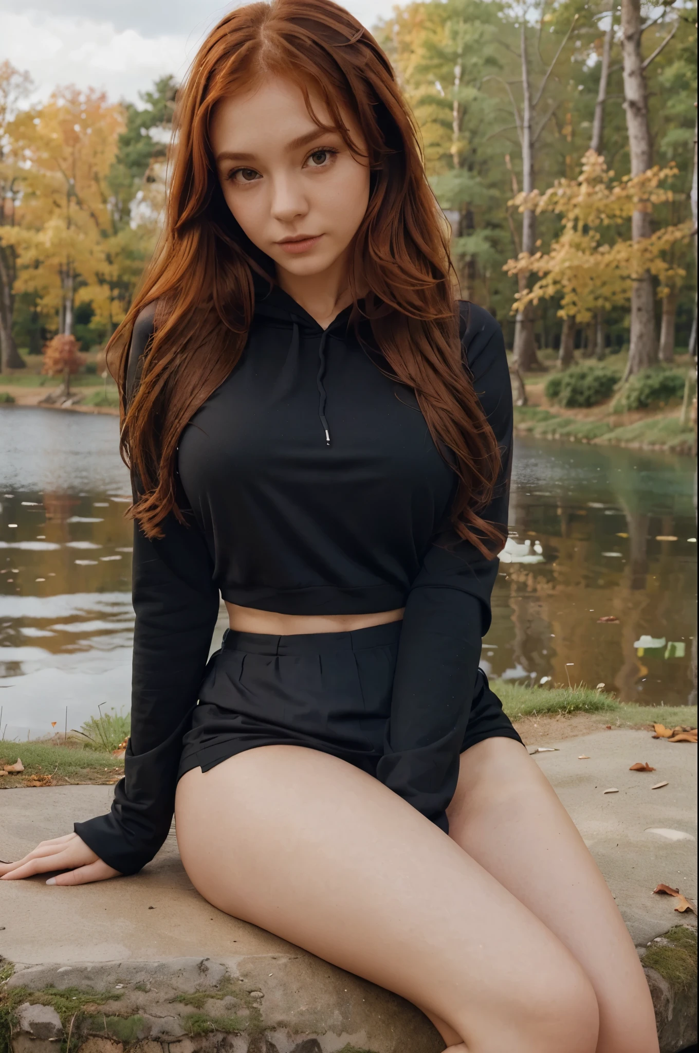 girl 20 years old, with long red wavy hair, wearing a black hoodie, черная tight-fitting blouse, black blouse looks at the viewer, realistic, 4k, Autumn Park, with a lake, in black huzhi, skirt, sits against the backdrop of a lake, soft light, detailing, Hard nipples, open lower chest, covered chest,with large breasts size 4, tight-fitting blouse, closed bust, detailing of the face and eyes
