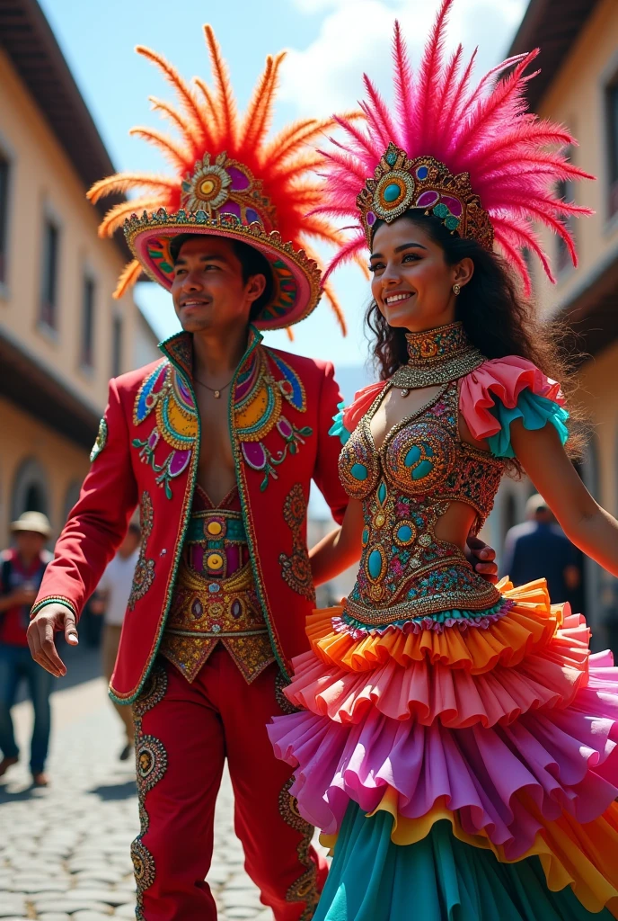cena carnavalesca no Brasil com pessoas (homens e mulheres) se divertindo num bloco de rua com fantasias de vaca (roupa que representam o animal) e outras pessoas com outras fantasias. 