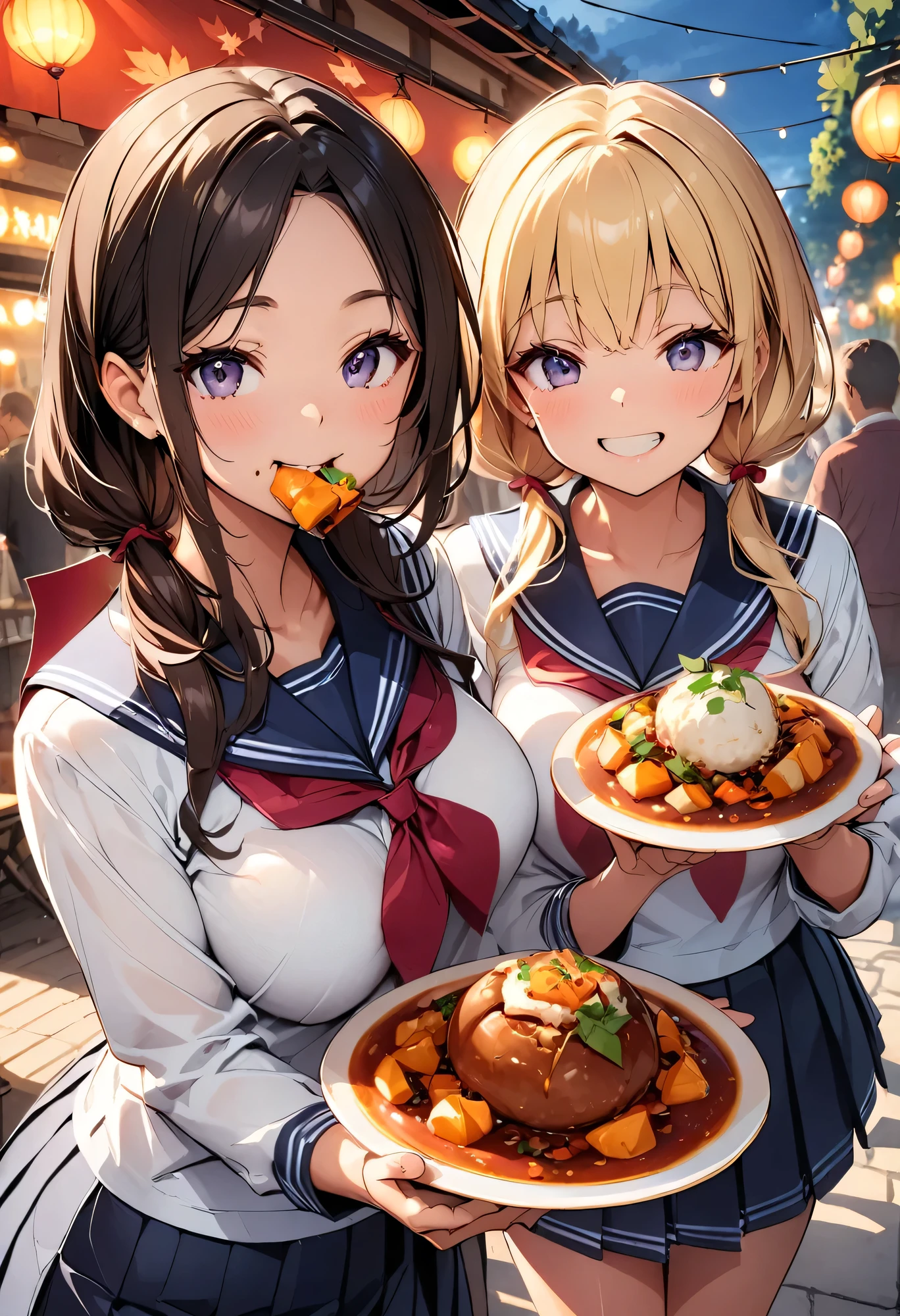 Highest quality、High resolution、Detailed Background、(Beautiful face in every detail:1.4)、Anatomically correct、Normal number of fingers、(Detailed eyes)、Teen anime beauties、(Huge breasts:1.2)、Light color hair、Bobcut、ponytail、well-groomed eyebrows、Perfect body line、Cute gestures、Food Festivals、
(Two beauties enjoying the Food Festivals:1.5)、(Two beautiful women eating various dishes:1.5)、
Food Festivals are held in parks, event spaces, outdoor venues, and other locations that require a lot of space.、Sometimes it is held in urban areas or tourist spots.、You can enjoy a variety of cuisines、cute
