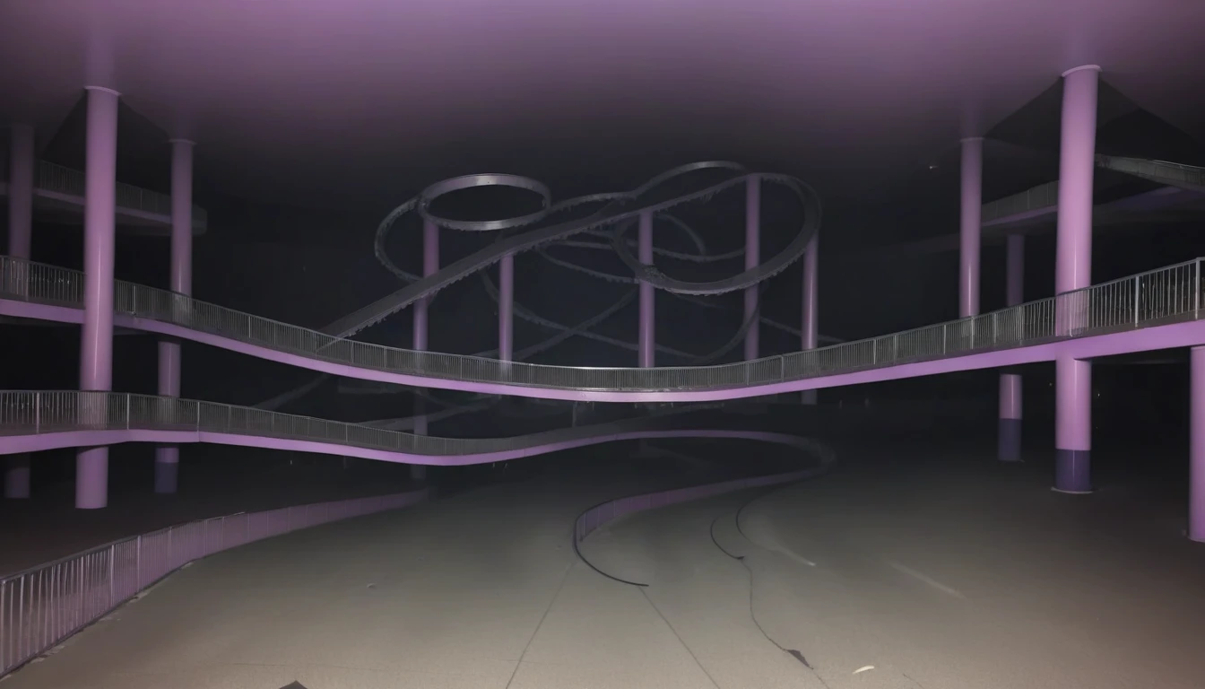 amusement park indoor,creepy gigantic ride tracks rollercoasters all over the place randomly that ending hit the wall,errie,liminal,dark,murky