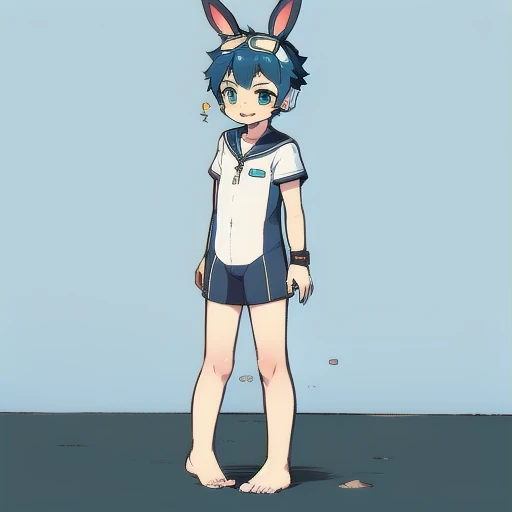 2D Boy Shota,One-piece wetsuit,Slim, healthy body,Put the headphones on your head,stand up,goggles,Rabbit ears,happy,Sailor collar,tie,Zipper pulled down,sports shoes