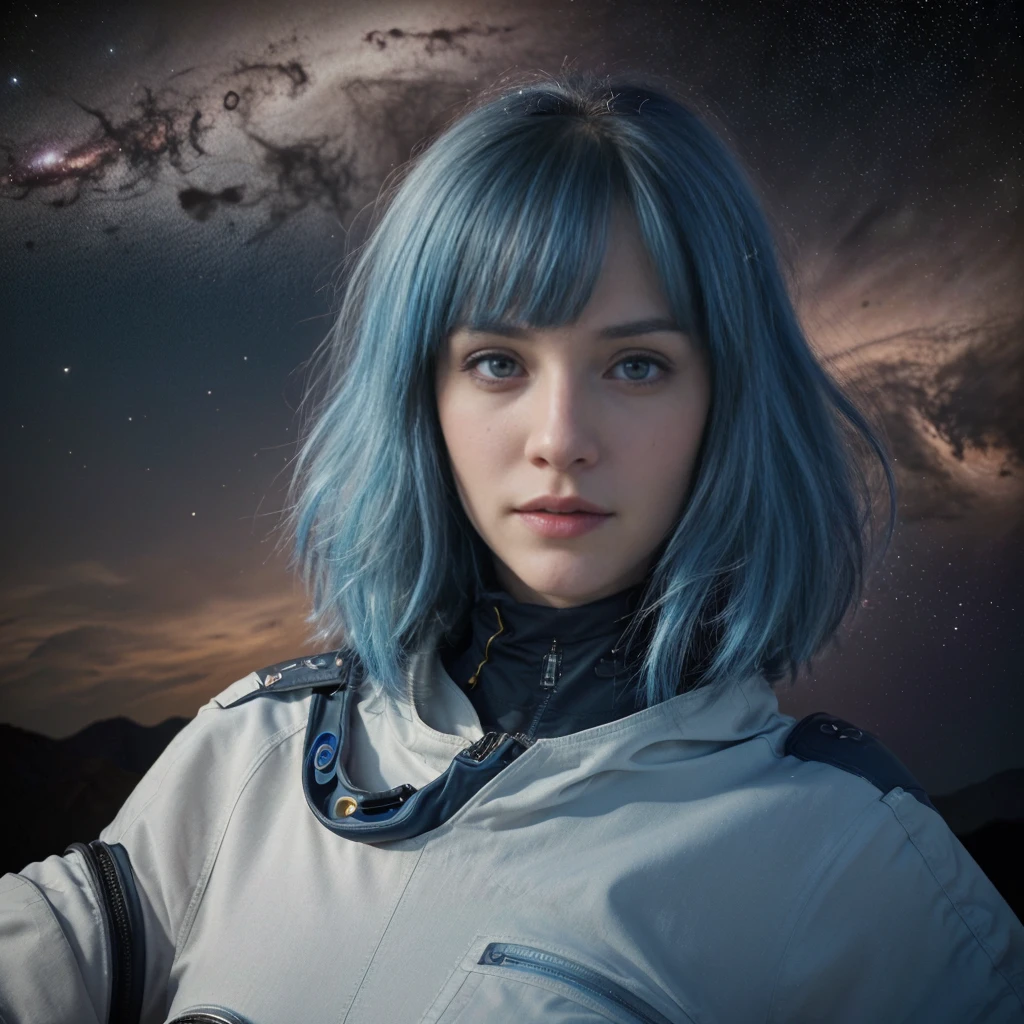 a photo of a young woman with blue hair and bangs floating in space, long detailed hair blowing in the wind, mesmerizing detailed face looking directly at the viewer, surrounded by stars, planets and a vibrant galaxy backdrop, (best quality,4k,8k,highres,masterpiece:1.2),ultra-detailed,(realistic,photorealistic,photo-realistic:1.37),cinematic lighting,award winning,stunning space scene