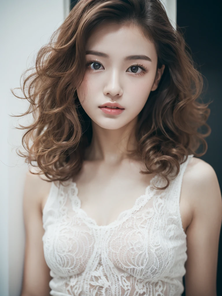 A girl in light pink underwear with brown curly hair parted in the center, looking diagonally to the side with her hand on her chin