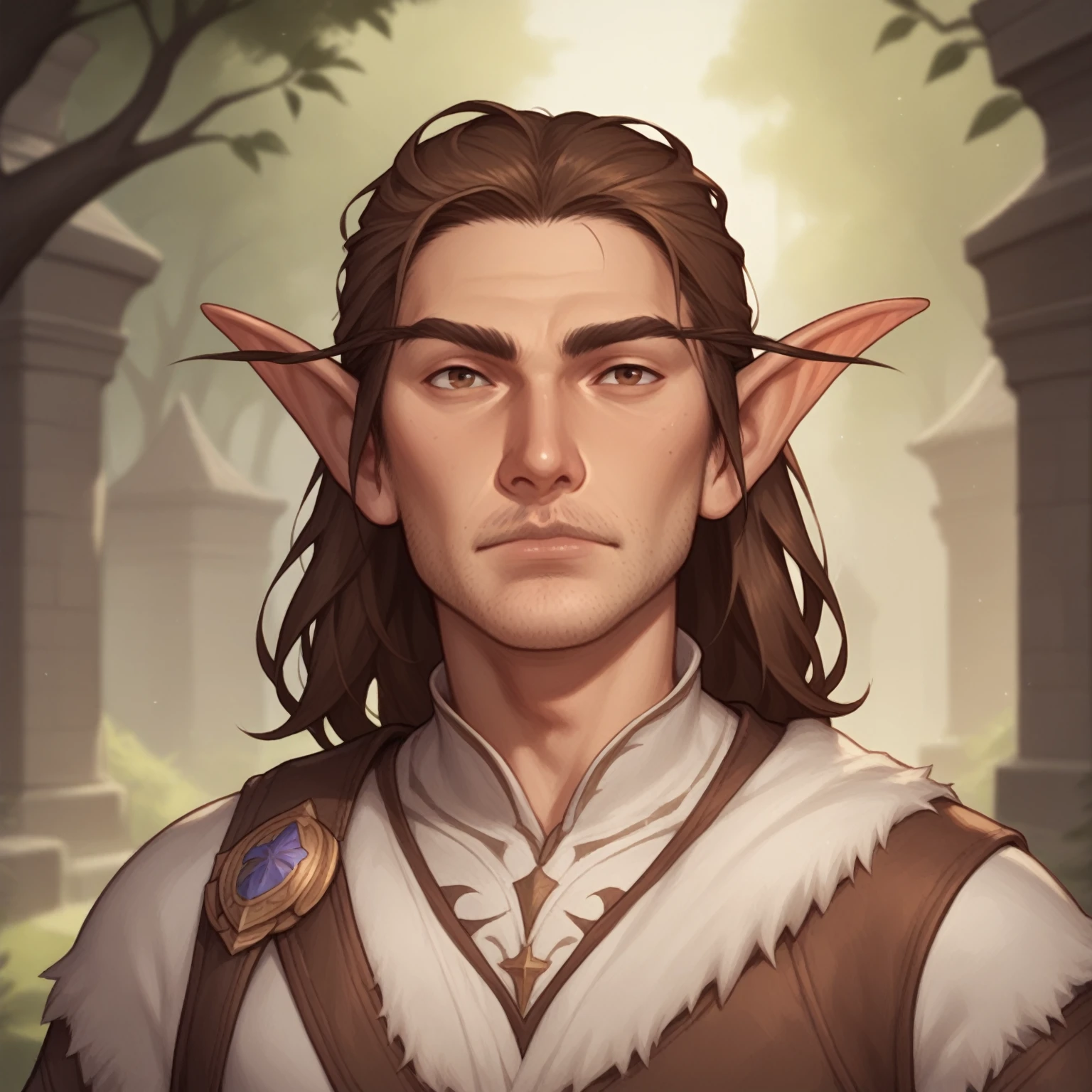 (((high quality, comics style, detailed face))), score_9, score_8_up, score_7_up, BREAK, bust shoot view, solo, A 40 years old man:1.1, male elf, long brown hair, wide neck, pointed ears, druid warrior, fur clothes, stubble, (upper body:1.1), contempt expression, tundra, fantasy outside, blurred background, Expressiveh, detailxl